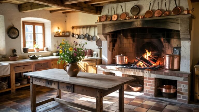 Cocina rústica tradicional con chimenea encendida, mesa de madera envejecida y utensilios de cobre — estilo acogedor y elegante