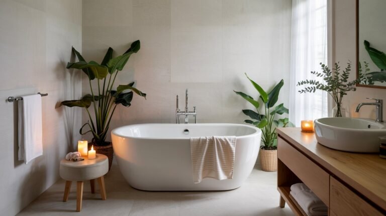 Baño minimalista con bañera blanca al centro, plantas verdes a los lados y velas encendidas sobre banco de madera, creando un ambiente de spa relajante y elegante.