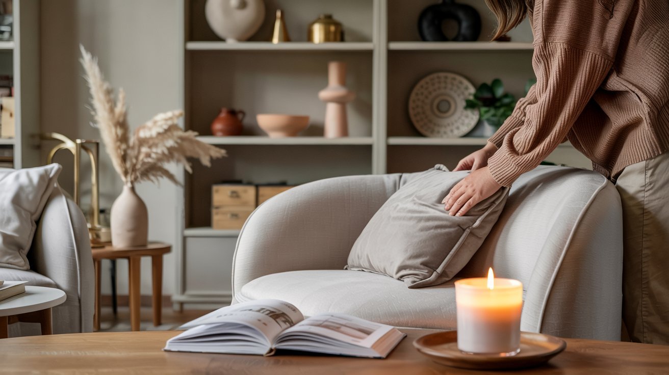 Sala elegante y minimalista con sillón claro, vela encendida y decoración neutra.