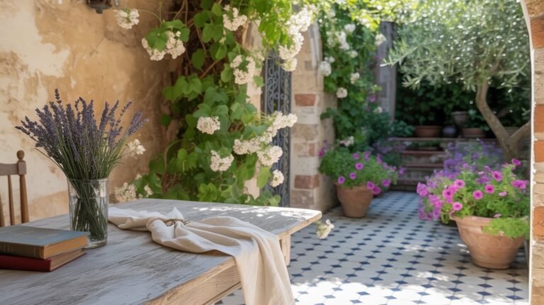 Decoración natural y elegante de patio con lavanda, flores en macetas y mesa rústica al aire libre