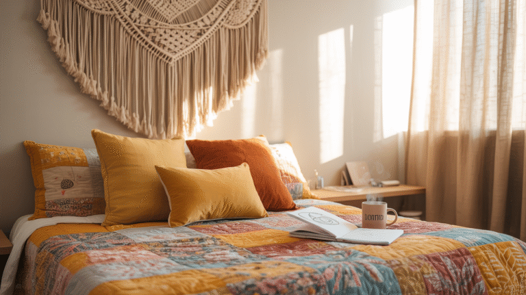 Dormitorio bohemio con textiles cálidos, decoración artesanal y luz natural suave.