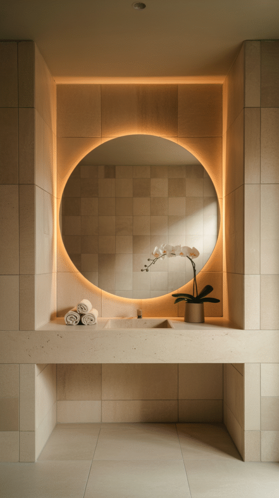 Espejo redondo con iluminación LED cálida en baño minimalista de tonos neutros, con toallas enrolladas y orquídea blanca sobre encimera.