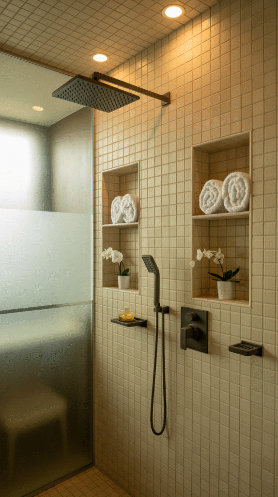 Ducha de diseño moderno con grifería negra mate, nichos empotrados con toallas enrolladas y orquídeas blancas, en un baño de estilo minimalista con azulejos beige.