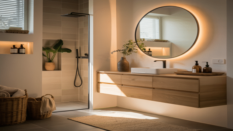 Baño moderno y minimalista con espejo redondo iluminado, grifo negro mate y cestos de fibras naturales, en tonos cálidos y luz suave.