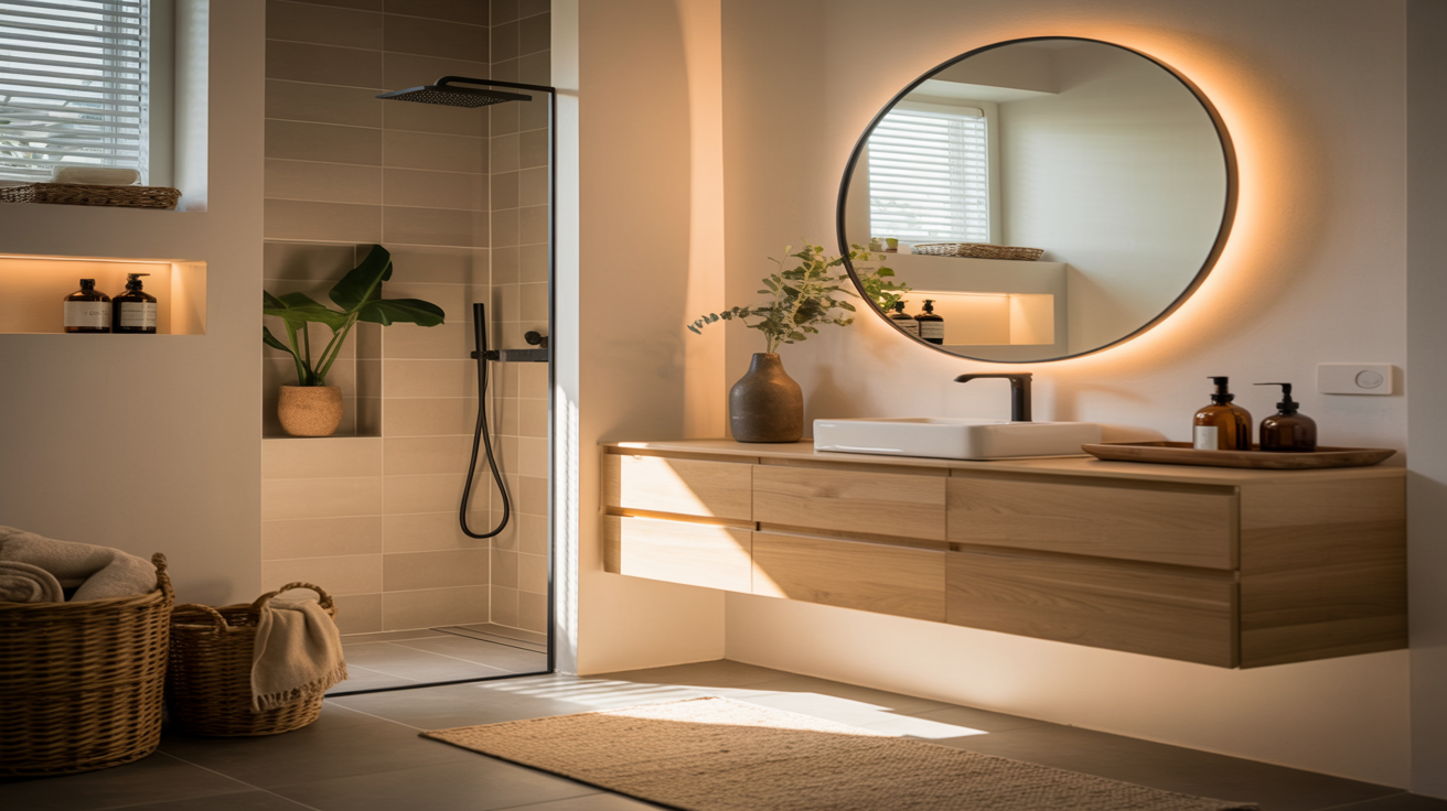 Baño moderno y minimalista con espejo redondo iluminado, grifo negro mate y cestos de fibras naturales, en tonos cálidos y luz suave.