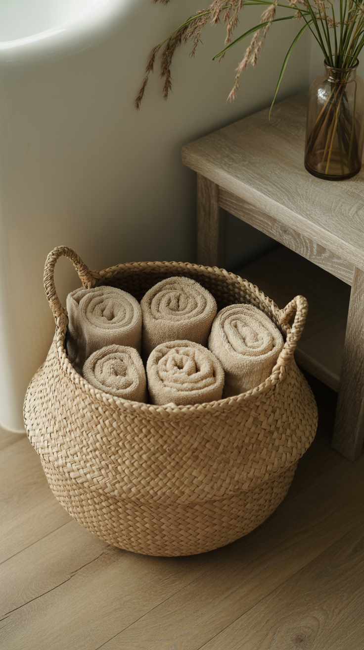 Cesta redonda de fibra natural con toallas enrolladas en tonos beige, junto a un banco de madera clara y un jarrón con ramas secas, en un baño de estilo natural y sereno.