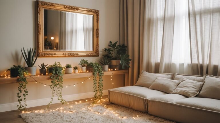 Sala pequeña decorada con espejo grande dorado, plantas en macetas y luces suaves, creando un ambiente minimalista, cálido y acogedor.