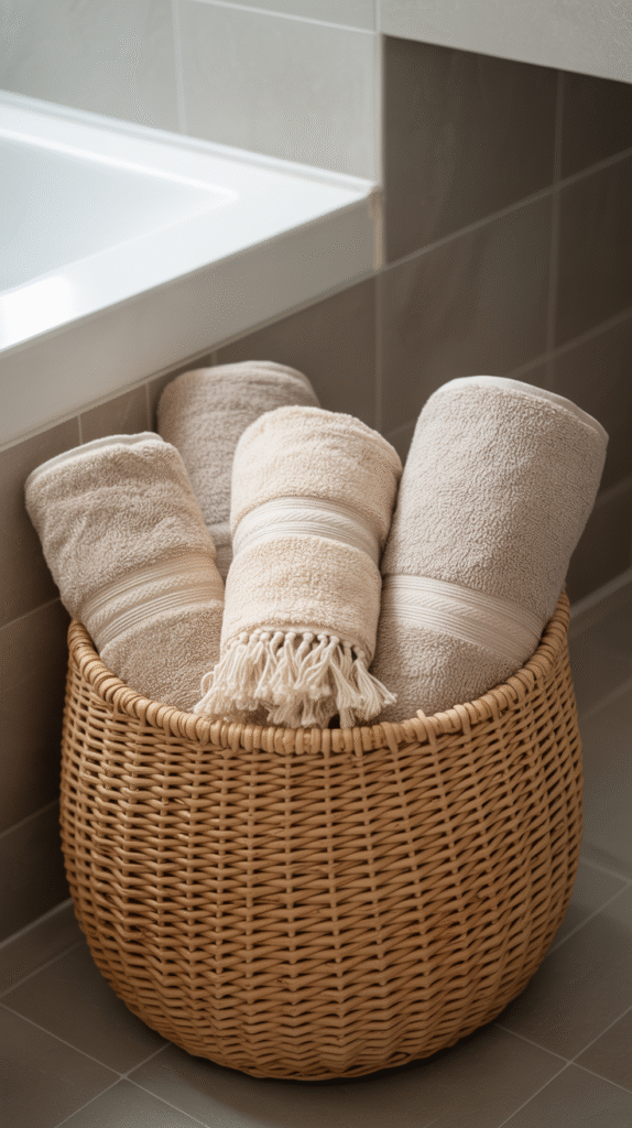 Cesta redonda tejida con toallas enrolladas en tonos neutros, ubicada junto a una bañera, en un baño moderno de estilo cálido y natural.