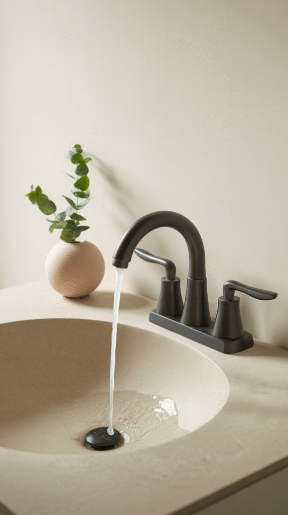 Grifo negro mate con agua corriente sobre encimera beige, acompañado de un jarrón de cerámica con eucalipto.